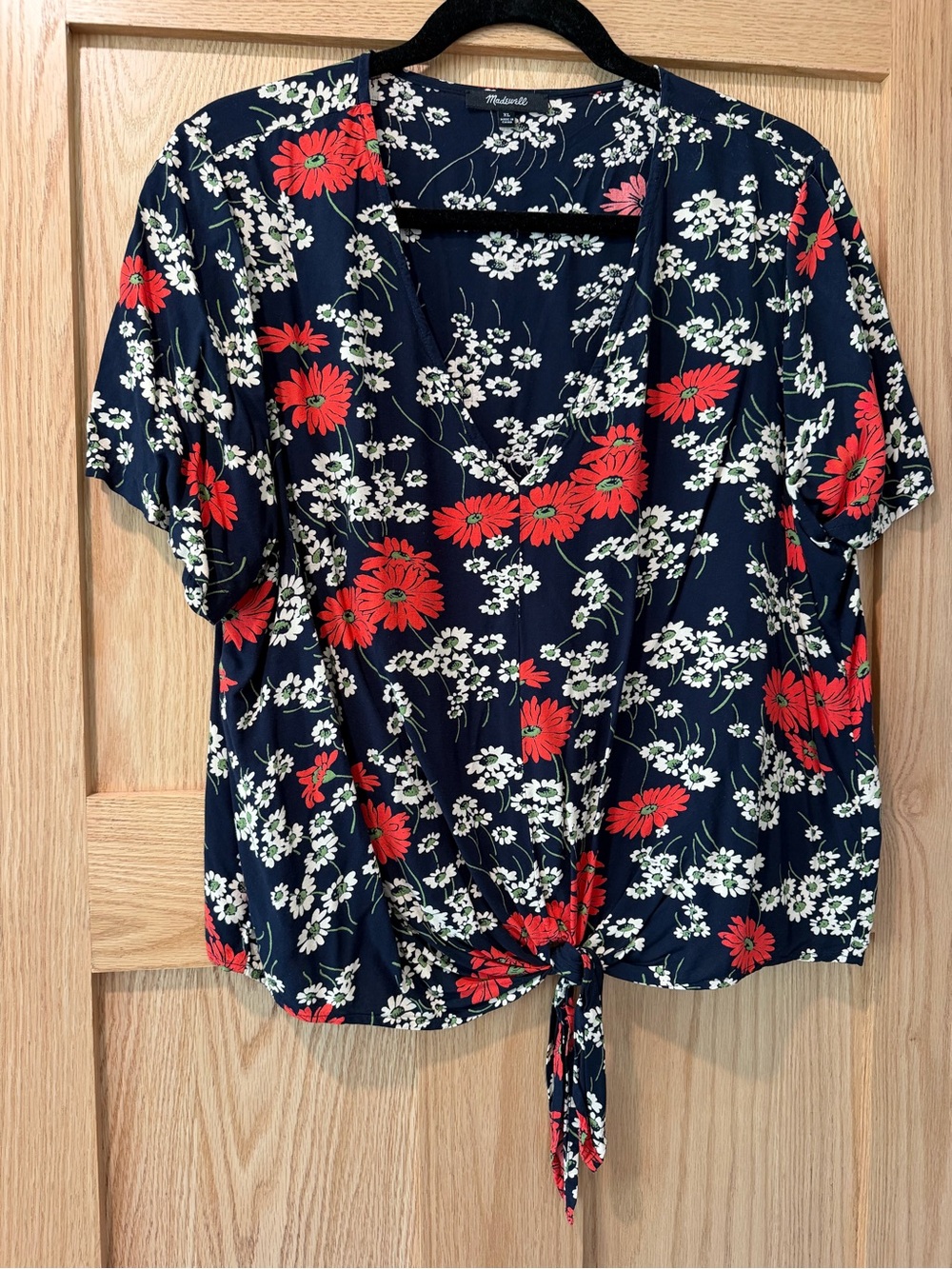 Madewell Navy Floral Tie-Front Top with Red & White Blooms